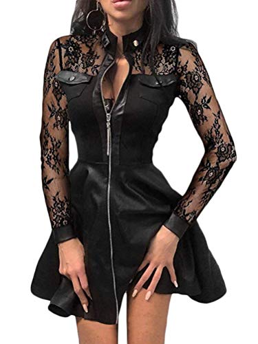 Minetom Lederkleid Damen Kleid V-Ausschnitt Spitze Reißverschluss A-Linie Langarm Patchwork Minikleid Cocktail Kleid A Schwarz Spitze 46