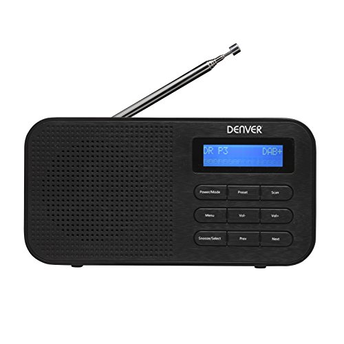 Denver, Radio digitale DAB + e FM. DENVER DAB-42BLACK. Orologio, sveglia e sveglia. Funziona con batteria e alimentazione. Volume 1W. Rifinito in legno. Nero