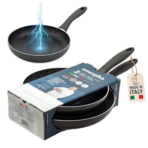 AKITAInk Set Padelle Energika Stone 24/28 cm – Rivestimento Antiaderente Effetto Pietra, Manico Soft Touch, Alluminio Pressofuso, Adatte a Tutti i Piani Cottura (Compreso Induzione)