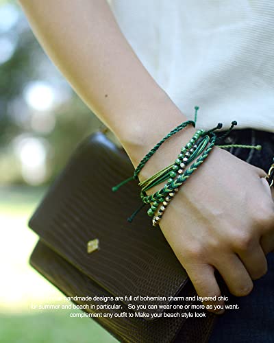 Mezcla Vida Bohemian Starfish Coin Charm Silver Zinc Beaded Waterproof Rope Surfing Bracelets Sets For Women Teen Girls, Beach Handmade String Jewelry (Green) #TOP2