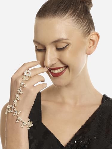 Image of ZAVERI PEARLS Gold Tone Kundan & Pearls Embellished Ethnic Hand Harness Bracelet For Women-ZPFK16602
