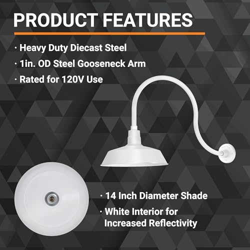 Image of 14in. White Outdoor Gooseneck Barn Light Fixture With 24in. Long Extension Arm - Wall Sconce Farmhouse, Vintage, Antique Style - UL Listed - 9W 900lm A19 LED Bulb (5000K Cool White)