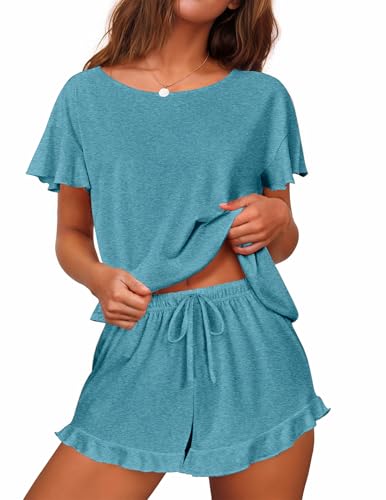 Image of Ekouaer Women's Pajama Set Ruffle Sleeves Top and Short | 2 Piece Ruffle Hem Sleeves Top and Shorts Pjs Set, Soft Short Sleepwear Set, Elastic Waistband Design