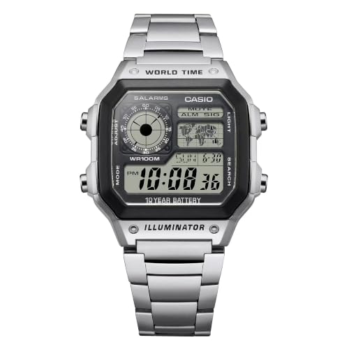 Image of Casio AE1200WH Series | Men's Digital Watch | 100M WR | Multi Alarms | 100 SEC Stopwatch | Countdown Timer | World Map for World Time | LED Light | LC Analog Display | 10 Year Battery