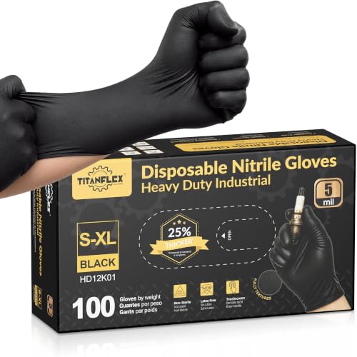 TitanFlex Heavy Duty Black Nitrile Gloves, 5 Mil, Fully Textured, Mechanic Disposable Gloves, Latex Free & Powder Free 100 ct (L)