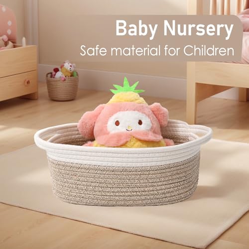 Image of JMvicyroam Small Woven Basket, Empty Gift Basket, White&Oatmeal /2 Pack | Small Gift Basket, Cotton Rope, 12 x 8 x 73 in, Handles, Includes Ribbon and Bag, Birthday Gift Basket