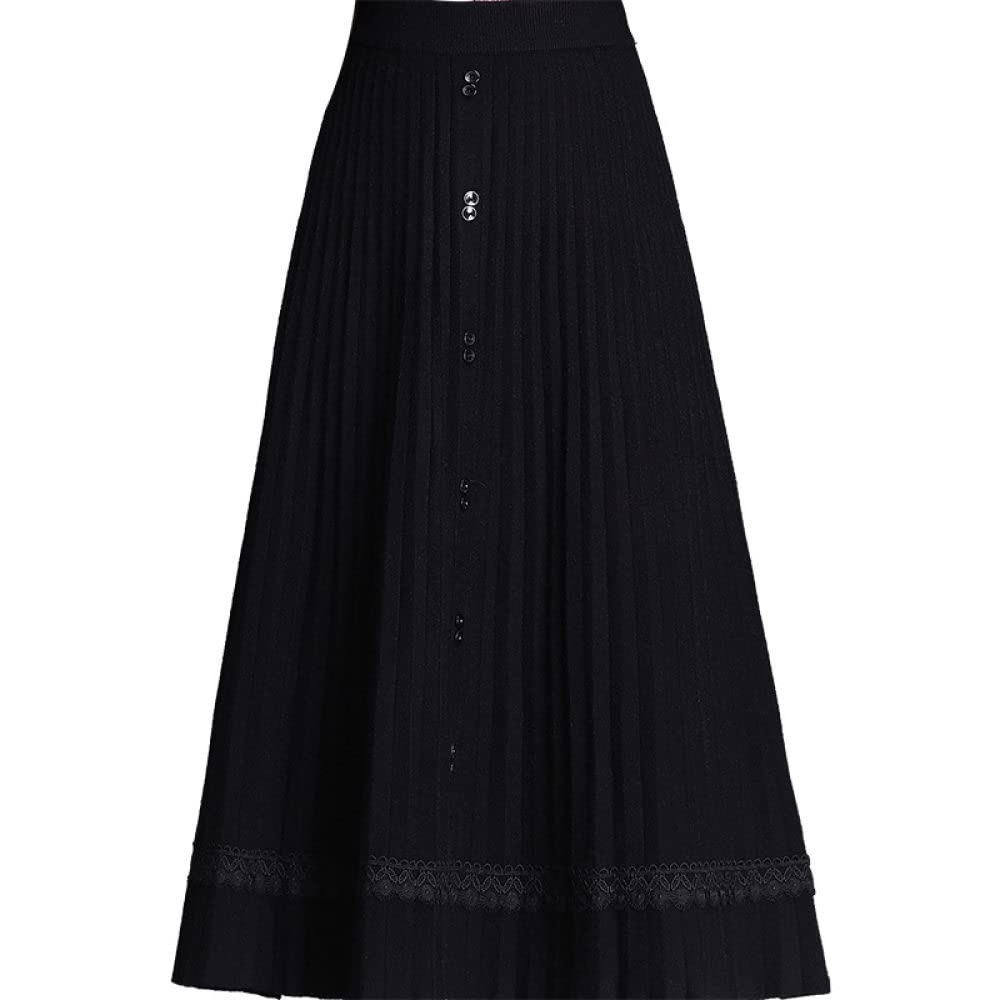 Rock Damen,Damen-Midirock, Schwarz, Elastisch, Mit Hoher Taille, Knopf, Spitze, Gestrickter, Plissierter Regenschirmrock, Schmaler A-Linien-Schaukel, Geraffte, Elegante, Lange Röcke Für Mädchen,