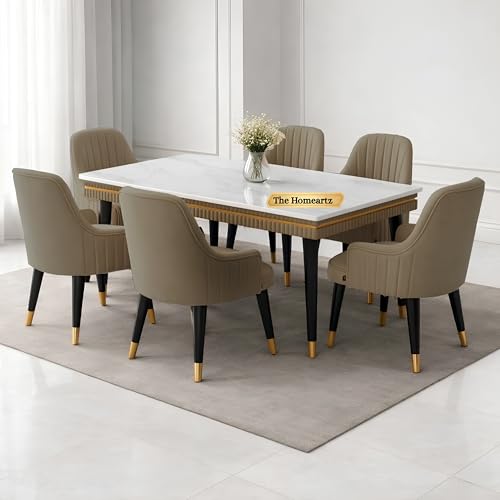 Image of Elara Modern Dining Table Set 6-Seater Wooden Dining Table Set | 1 Year Warranty | Nano Composite Marble Marble Top Table with 6 Chairs (Light Gray)