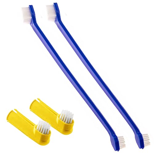 Image of SunGrow Dog & Ferret Toothbrush Set of 4, 2 Long Dual-Headed and 2 Finger Brush, Blue and Yellow, Puppy, Cat, and Small Breed Dog, 9-Inches and 2.5-Inches