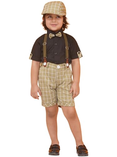Image of AJ DEZINES Kids Clothing Cotton Blend Checkered Printed Shirt Shorts With Cap and Suspenders Set for Boys