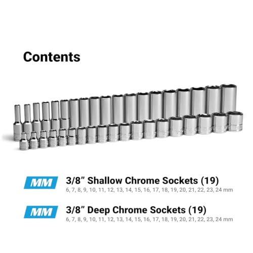 Image of Capri Tools 3 /8 in. Drive Shallow and Deep Chrome Sockets Set, 6-Point, 6 to 24 mm, 38-Piece