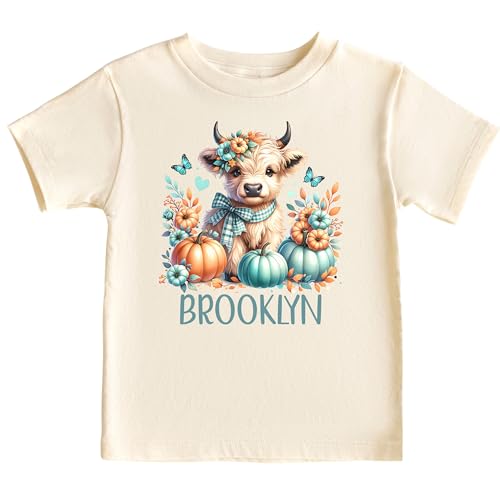 Personalized Highland Cow T-Shirt for Girls, Custom Fall Western Wear Tee with Name, Short Sleeve Graphic Shirt, Autumn Pumpkin Cow Lover Gift for Girl