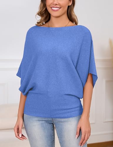 Image of MAKARTHY Womens Batwing Sleeves Knitted Dolman Pullovers Boat Neck Tops Sweatershirts