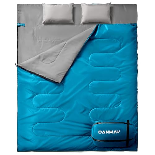 CANWAY Double Sleeping Bag, 2 Person Sleeping Bags for Adults Queen Size Sleeping Bag with 2 Pillows for Camping, Backpacking Lightweight Waterproof XL & XXL