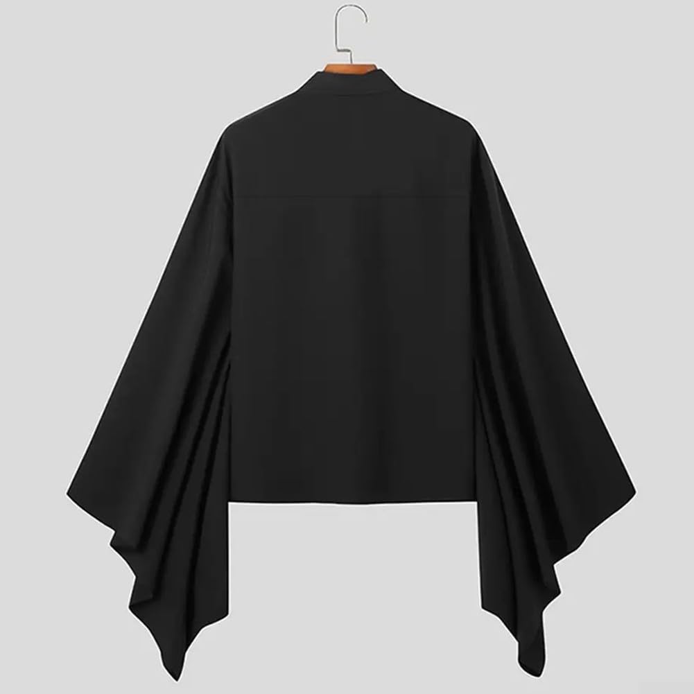 BlissfulAbode Chemise décontractée vintage pour homme avec col à revers boutonné, manches longues évasées, coupe ample