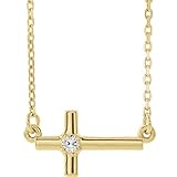 Solid 14k Yellow Gold Solitaire .03 Cttw Diamond Sideways Cross Crucifix Charm Pendant Chain Necklace Adjustable 16' to 18' (12mm x 7.9mm)