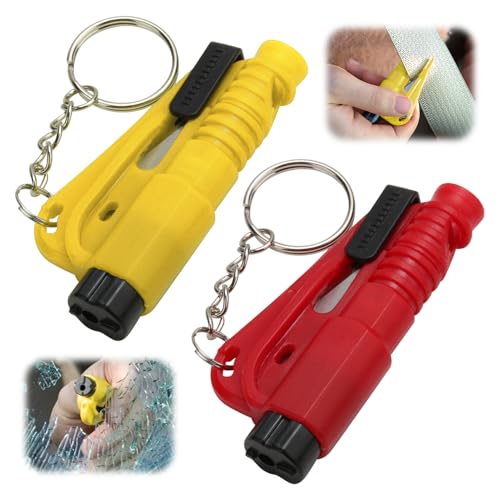 Rompe Cristales y Cinturones 2 Unidades, Llavero de Emergencia 3 en 1, Martillo Rompe Cristales Coche, Cortador de Cinturones de Seguridad, Silbato de Supervivencia, Herramienta de Escape de Coche