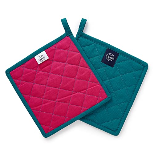 Image of Encasa XO Heat Resistant Cotton Pot Holders with Hanging Loop - Set of 2 - Azul Blue - Multipurpose Quilted Everyday Hot Pad for Kitchen, Camping, BBQ & Microwave - 21 cm