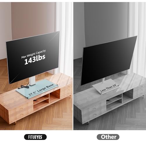 Image of FITUEYES Universal TV Stand with Power Outlets for 50-85 inch TVs, Swivel&Height Adjustable Tall TV Stand for Bedroom Living Room, 27.5''Large Tempered Glass Base Holds up to 110 lbs, Ivory White