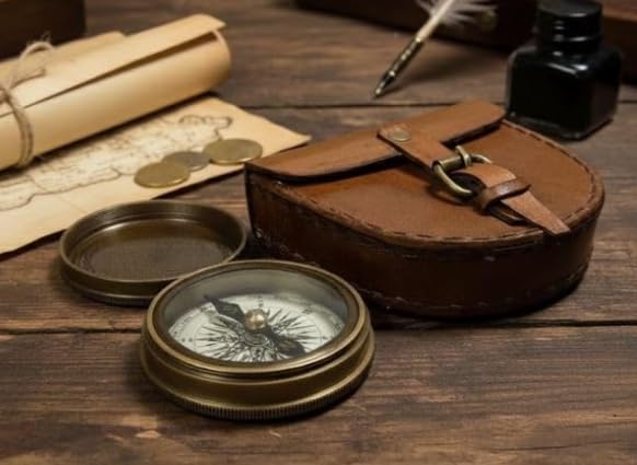 Brújula de bolsillo vintage de latón con estuche de cuero miniatura 2