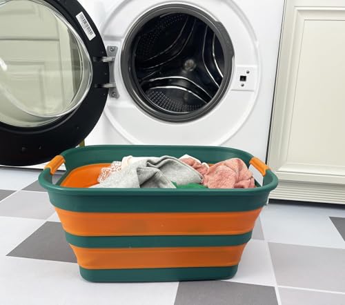 Image of SAMMART Collapsible Plastic Laundry Basket with Handle /Foldable Pop Up Storage Hamper /Portable Laundry Organizer-Space Saving Washing Tub /Household Storage (Teal Green /Autumn leaf, 27L)