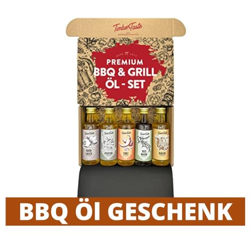 TIMBER TASTE® Öl Geschenkset Männer & Frauen [BBQ - 5x40ml] - 5 erlesene Essige & Speiseöle - Kochbox Koch Set - Geschenkideen für Mannr & Frau - Geschenk Gewürzset zum Kochen für Ihn & Sie
