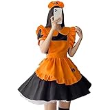  LAEMILIA Maid Outfit Costume Soubrette Deguisement Halloween Femme Maid Cosplay Anime Maid Dress Fille 3PCS Robe Lolita + Coiffe + Tablier Citrouille Imprime Costume Outfit Tenue Festival S-5XL