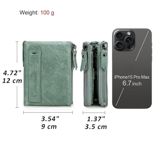 Image of CONTACTS Soft Leather Wallet for Women and Men Small Bifold Coin Purse Double Zipper Card Holder RFID Blocking (Matcha Green)