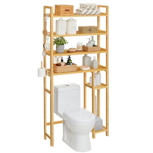 Baño, SONGMICS Estantería de Almacenamiento sobre el Inodoro, con Soporte para Papel Higiénico, Organizador de Baño de Bambú con Estantes Ajustables, 4 Ganchos,...