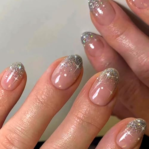 French Pink Press on Nails Short Oval, Summer Fake Nails with Sparkly Silver French Tips Designs, Glossy Gel Finish Acrylic Nails, Thick Reusable Glue on Nails Kit for Women, 24Pcs, Silver Blessing