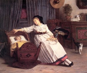 Peinture à l'huile Alsacienne Berçant Son Enfant de Camille Alfred Pabst en format 30x36 pouces