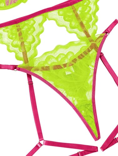 Image of Lilosy Petite Sexy Choker Floral Lace Scallop Sheer Underwire Push Up Garter Belt Lingerie Set 3 Piece for Women See Through Bachelorette Bra and Panty Neon Green Hot Pink X-Small