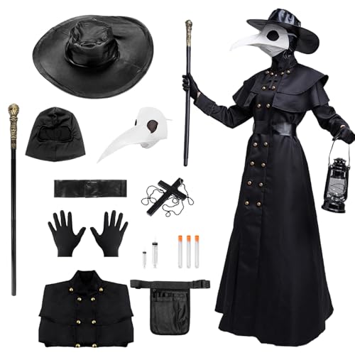 Plague Doctor Halloween Costume Adult Men White 8 Pcs Plague Doctor Outfit with Mask for Mens Halloween Costumes (Black-Women 02 Medium)
