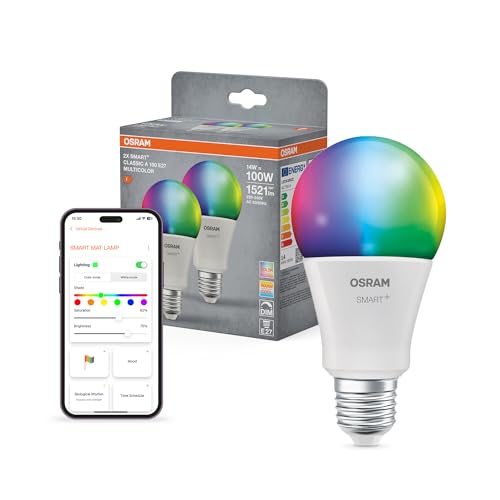 OSRAM SMART+ Bombilla RGB (pack de 2, E27, 14W) – 16M colores – blanco cálido a frío – Matter vía Wi-Fi – Alexa, Google, Apple