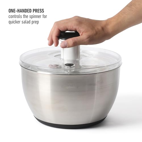 Image of Calphalon Aero 6.3-Qt Stainless Steel Salad Spinner, Fruit & Vegetable Washer Bowl with Strainer Basket for Washing Lettuce, Spinach, Herbs & Fresh Produce
