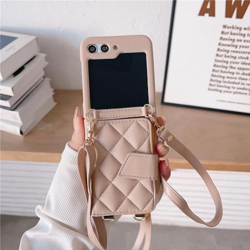 Étui en cuir pour Samsung Galaxy Z Flip 5 4 3 ENILSA avec bandoulière et porte-carte kaki