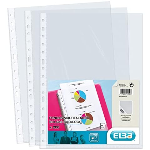 Elba Fundas Plástico A4 Transparente, 200 Unidades, Multitaladro, Polipropileno Piel de Naranja 70 Cover