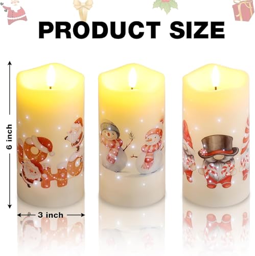 Image of Eywamage Christmas Fiber Optic Flameless Pillar Candles with Remote, Santa Snowman Gnomes LED Battery Candles Holiday Winter Decor Set of 3