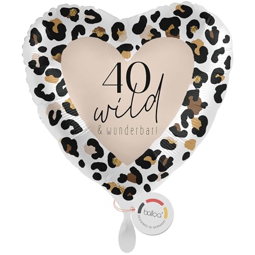 balloa Folienballon zum 40. Geburtstag Leo Design Herzballon mit Zahl 40 Helium Ballon Luftballon für Partydeko Geschenk zum Geburtstag für Frauen Leoprint 33cm