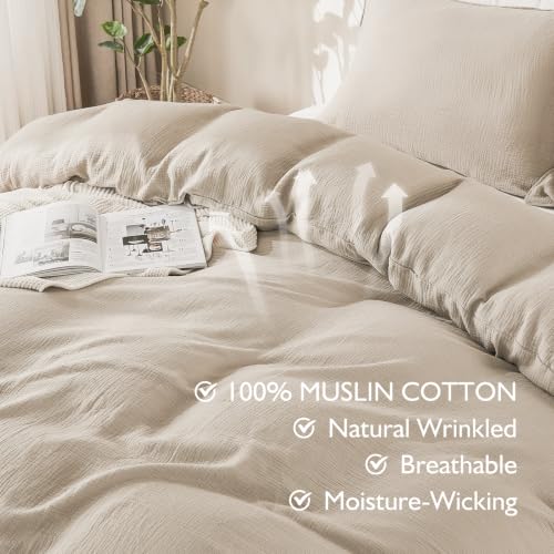 Image of EMME Muslin Cotton Duvet Cover Set Linen Like Beige King