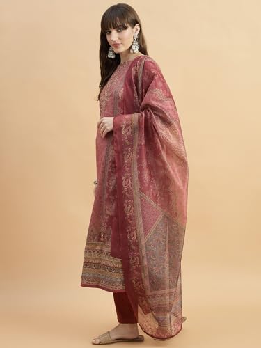 Image of SheWill Kurta Sets for Women - Red Rayon Aari Hand Work with Digital Floral Print Kurta with Pant and Chanderi Dupatta |Stylish Printed Summer Kurti Set