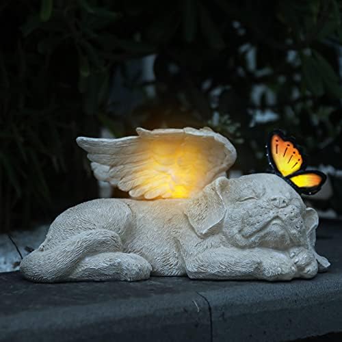 WONDER GARDEN Sleeping Dog Angel Statue with Solar Light – Pet Memorial Stone, in Memory of Dog, Marker Tribute Statues, Resin Guardian Angels, Bereavement Gift