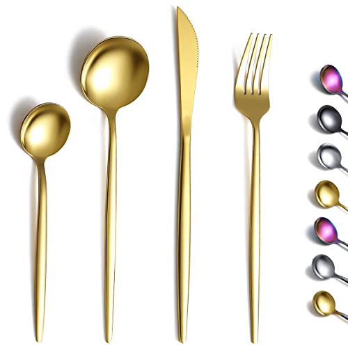 Kyraton Gold Cutlery Set 24 Pieces Stainless Steel Flatware Set Titanium Plating Gold Silverware Set Strong Anti Rust Dishwasher Safe Tableware Set Serving 6 People.
