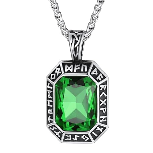 ChainsHouse Viking Rune Pendant Necklace for Men Women, Punk Biker Black Metal/316L Stainless Steel Onyx Norse Vintage Amulet Necklaces with Black/Red/Green/Blue Gemstone, Send Gift Box D: S