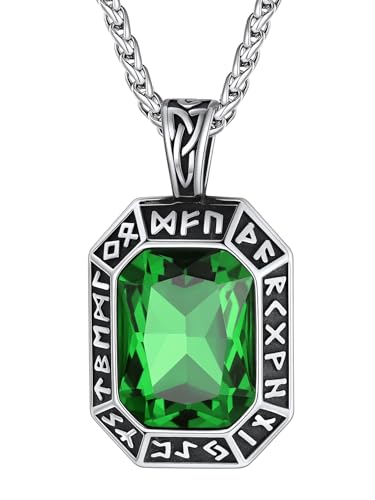 Image of ChainsHouse Viking Rune Pendant Necklace for Men Women, Punk Biker Black Metal /316L Stainless Steel Onyx Norse Vintage Amulet Necklaces with Black /Red /Green /Blue Gemstone, Send Gift Box