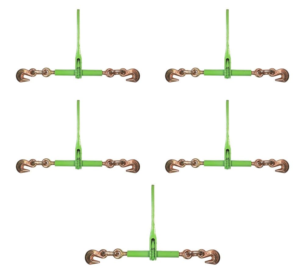 Mytee Products 5 Pack 3/8" - 1/2" Hi-Viz Green Heavy Duty Ratchet Load Chain Binder with Grab Hooks - 9,200 Lbs Working Load Limit - Flatbed Transport Truck Trailer Tie Down Hauling