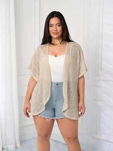 Image of SCOMCHIC Women Plus Size Lightweight Cardigan Summer Kimono Ruffle Short Sleeve Open Front Casual Tops Beach Cover Up