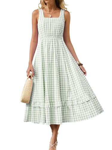 Caracilia Womens Summer Casual Gingham Plaid Midi Dress Sleeveless Square Neck Flowy Beach Vacation Sundress with Pockets