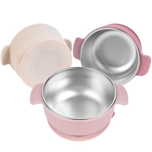 Stainless Steel and Silicone with Suction Baby Bowls 3 Packs 4.3” Kids Feeding,Non-Toxic&Lead-Free&Mess Free Toddler Bowl Set,Dishwasher Safe&Extra Strong Base&Fit Highchar Size,light pink beige pink