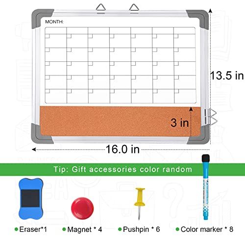 Monthly Calendar Whiteboard Dry Erase, Cork Board White Board For Wall, Double-Sided Magnetic Dry Erase Board, Portable Small Whiteboard For Office, Home, Planning, Memo, 16 X 13.5 Inch #TOP2